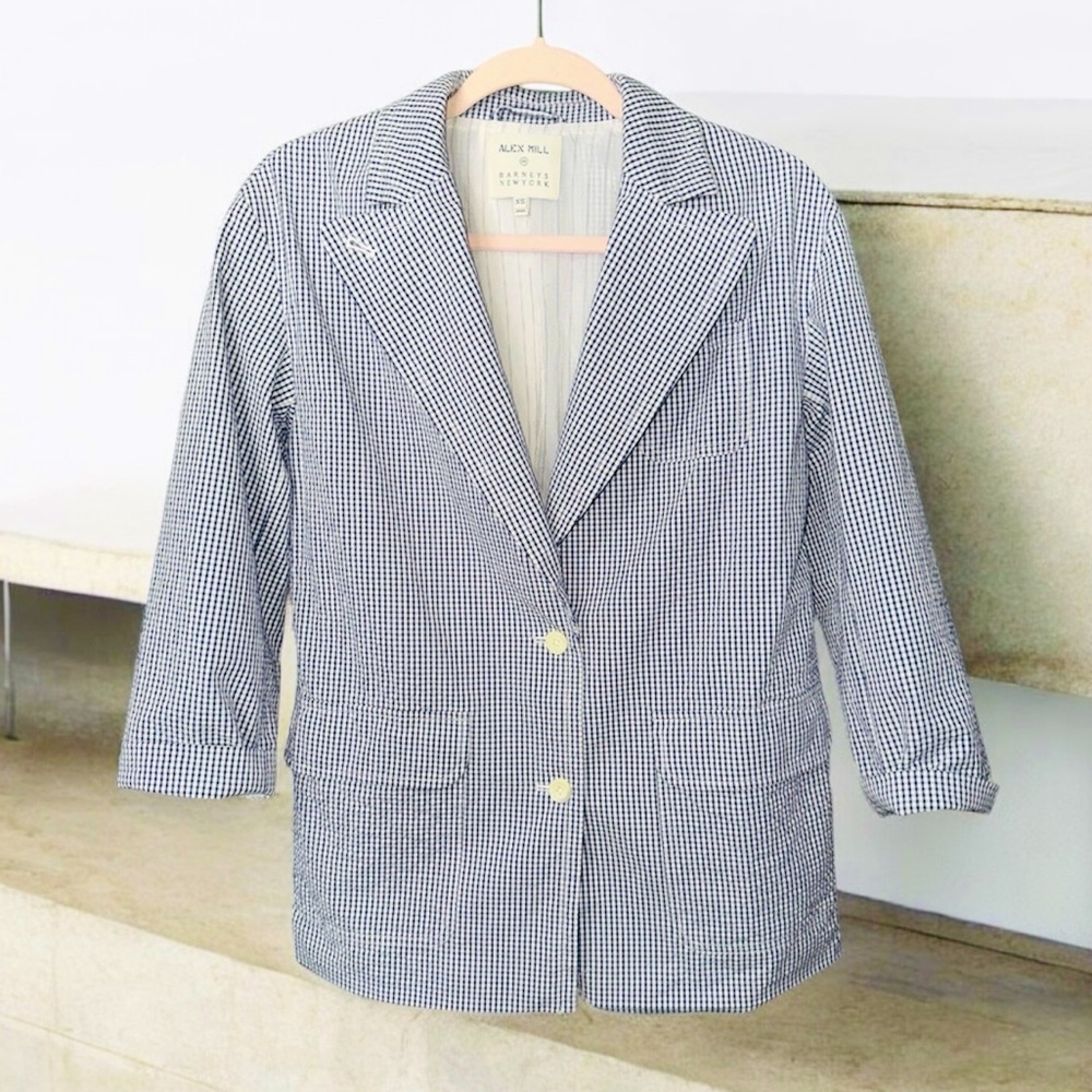 ALEX MILL‎ Billie gingham Navy white Paper Cotton blazer. Size Extra Small